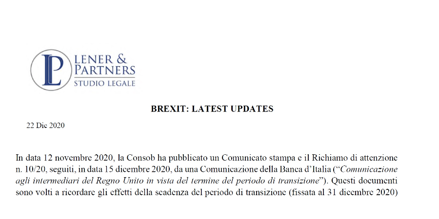 Ultimi aggiornamenti della Banca d’Italia e della Consob in vista del termine del periodo di transizione previsto nell’Accordo di recesso del Regno Unito dall’Unione Europea